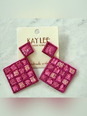 NWT Kay Lee New York Pink Sequined & Beaded Checkered Square Statement Earrings